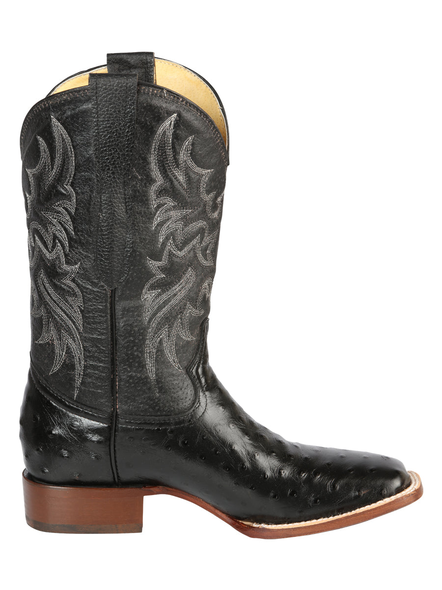 El General Men's Square Toe Leather Cowboy Boots- Ostrich Print - Black 44935