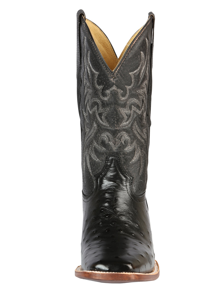 El General Men's Square Toe Leather Cowboy Boots- Ostrich Print - Black 44935