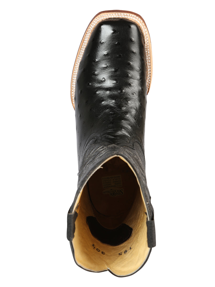 El General Men's Square Toe Leather Cowboy Boots- Ostrich Print - Black 44935