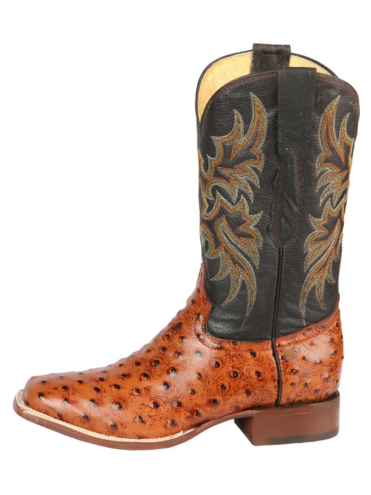 El General Men's Square Toe Leather Cowboy Boots - Ostrich Print - Cogñac 44936