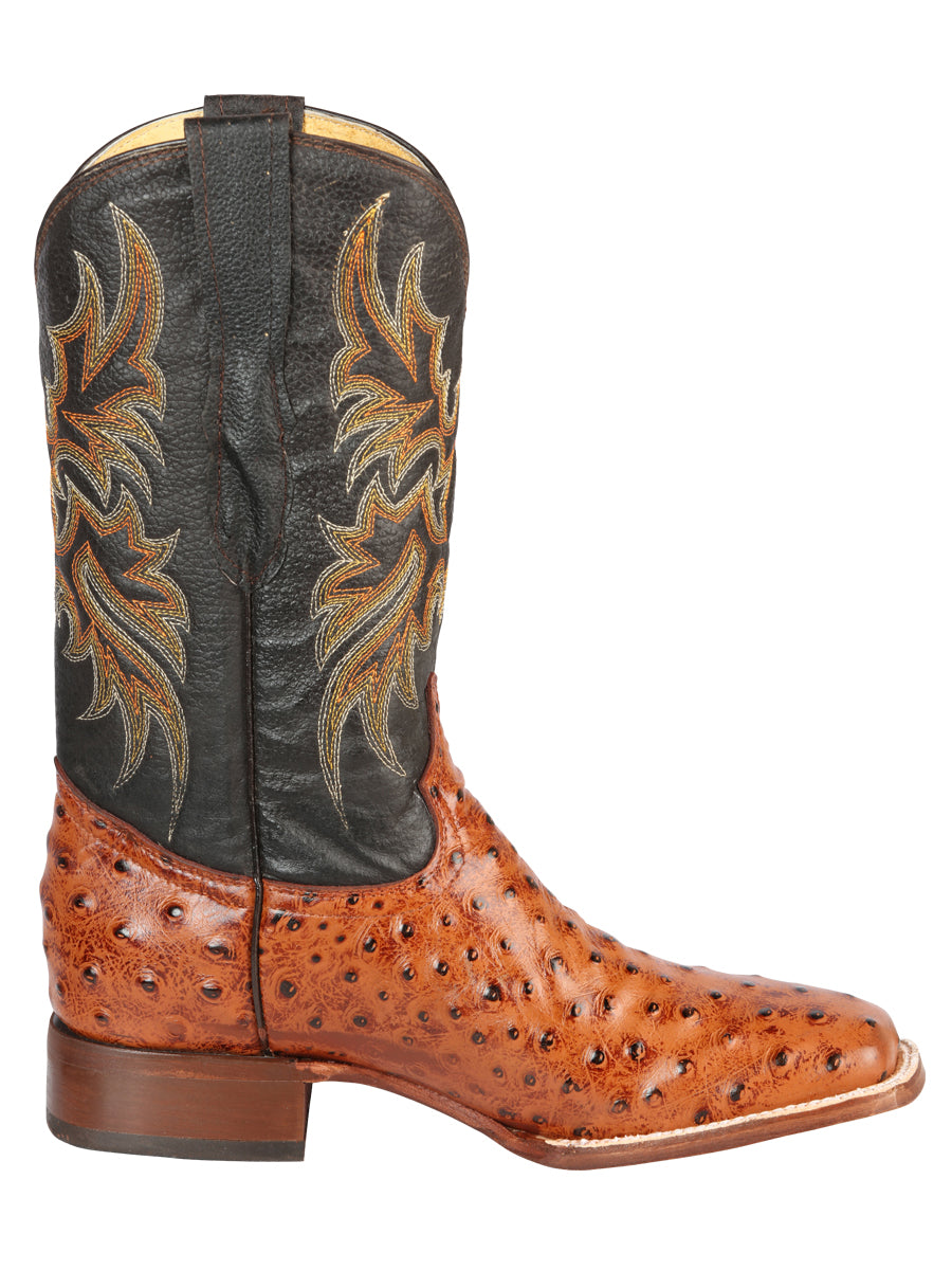 El General Men's Square Toe Leather Cowboy Boots - Ostrich Print - Cogñac 44936