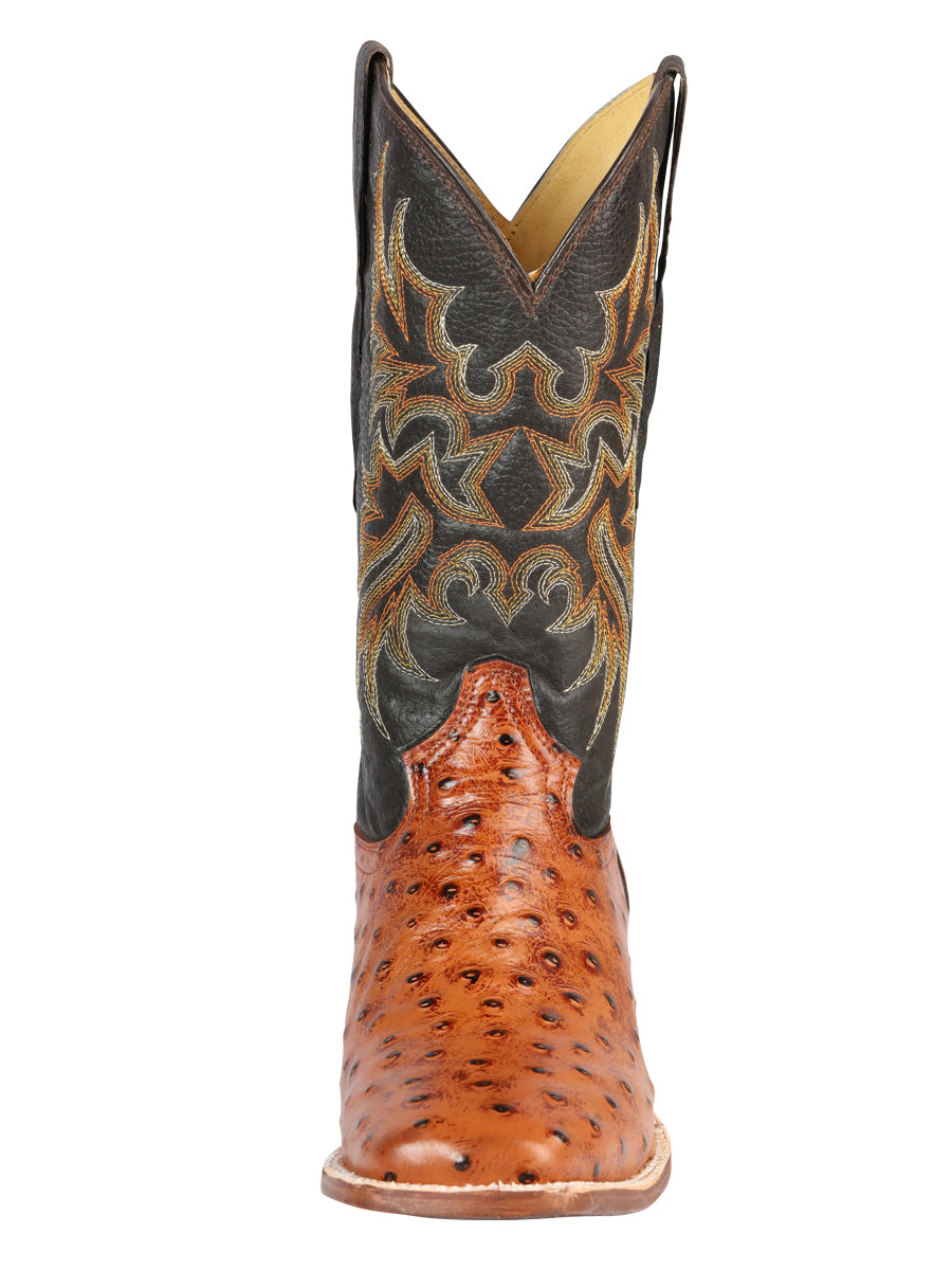 El General Men's Square Toe Leather Cowboy Boots - Ostrich Print - Cogñac 44936