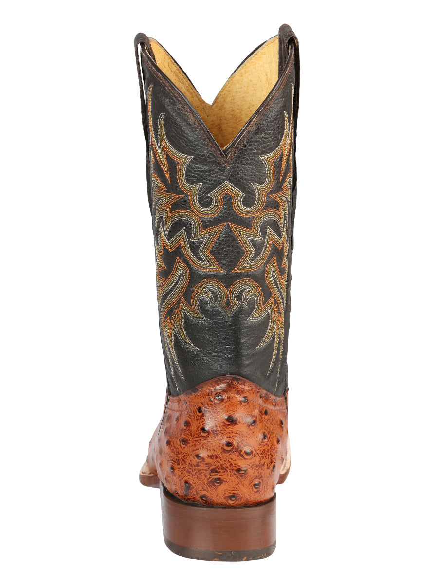 El General Men's Square Toe Leather Cowboy Boots - Ostrich Print - Cogñac 44936
