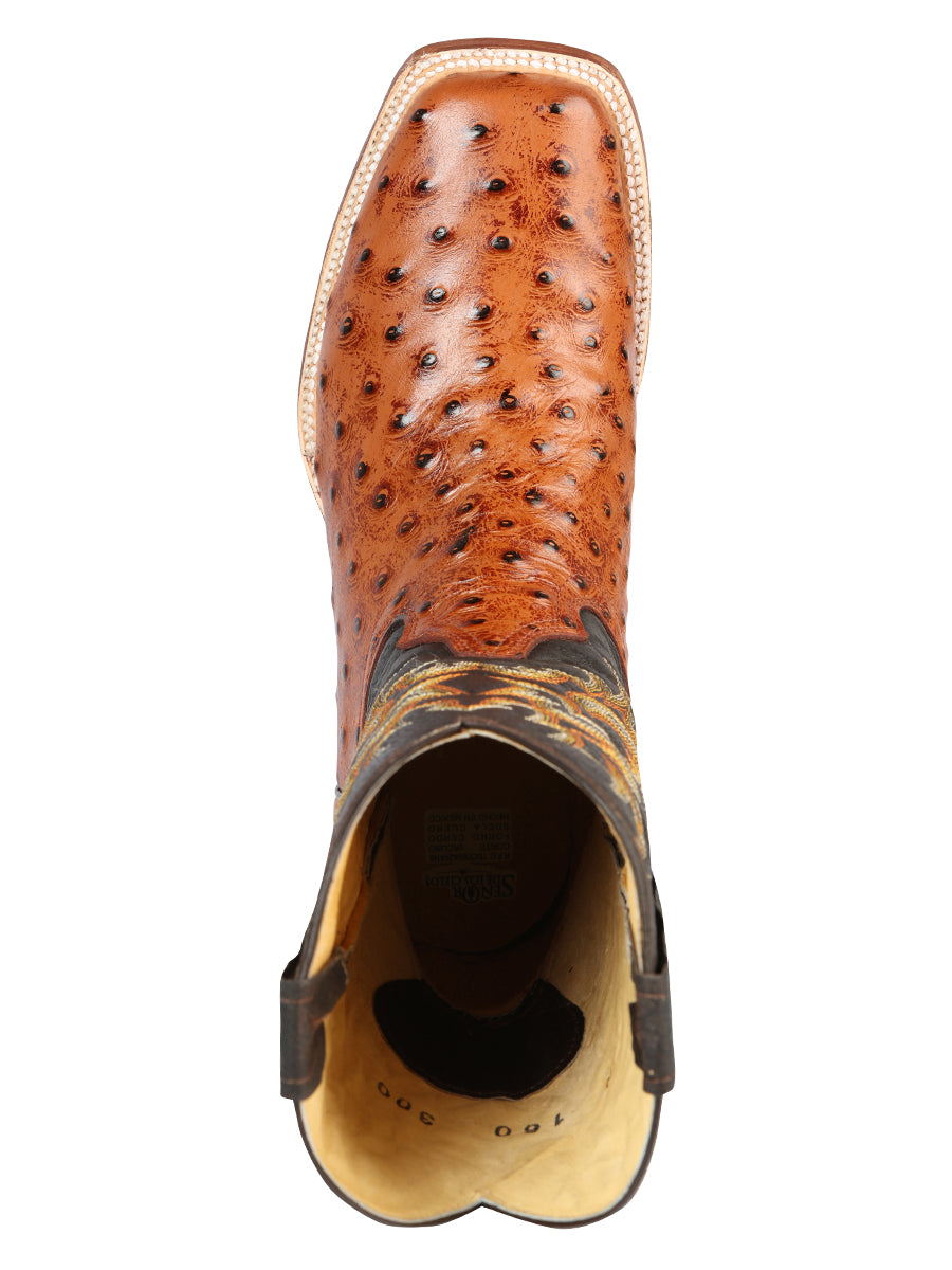 El General Men's Square Toe Leather Cowboy Boots - Ostrich Print - Cogñac 44936