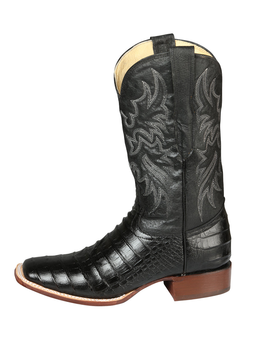 El General Men's Square Toe Leather Cowboy Boots - Caiman Belly Print - Black 44938