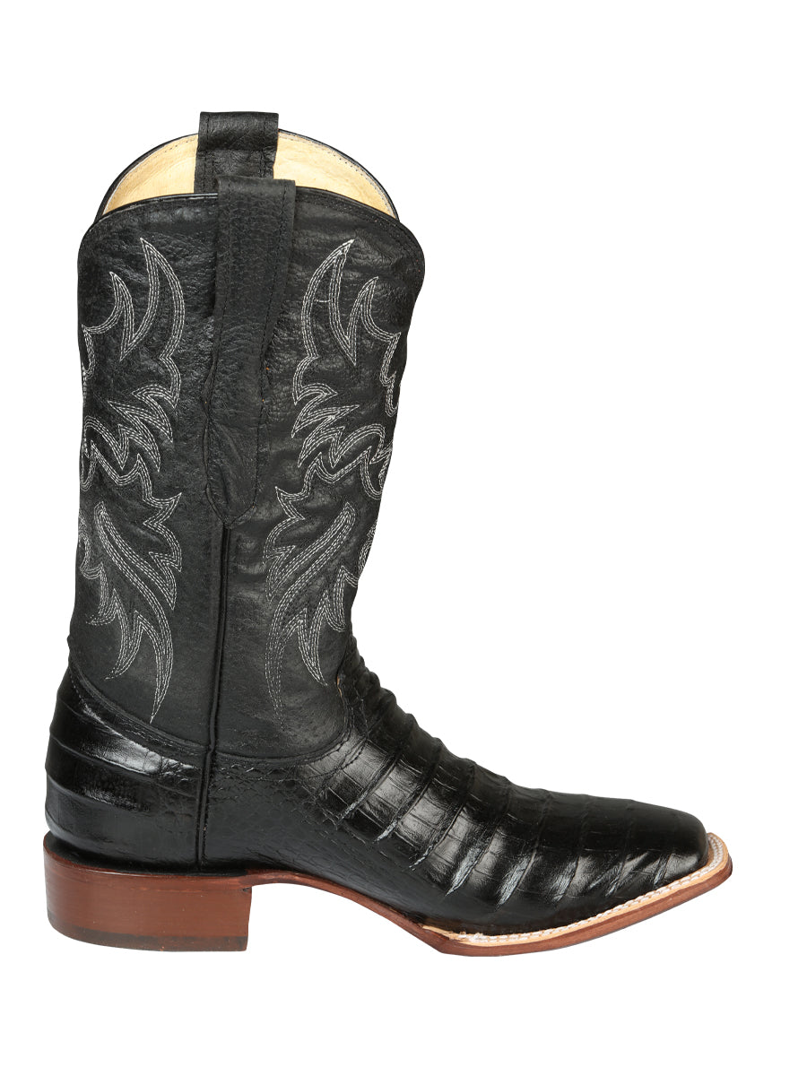 El General Men's Square Toe Leather Cowboy Boots - Caiman Belly Print - Black 44938