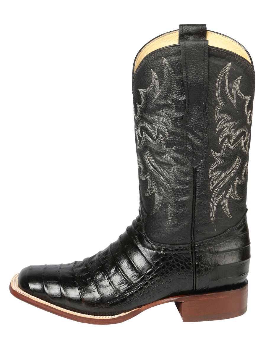 El General Men's Square Toe Leather Cowboy Boots - Caiman Belly Print - Black 44938