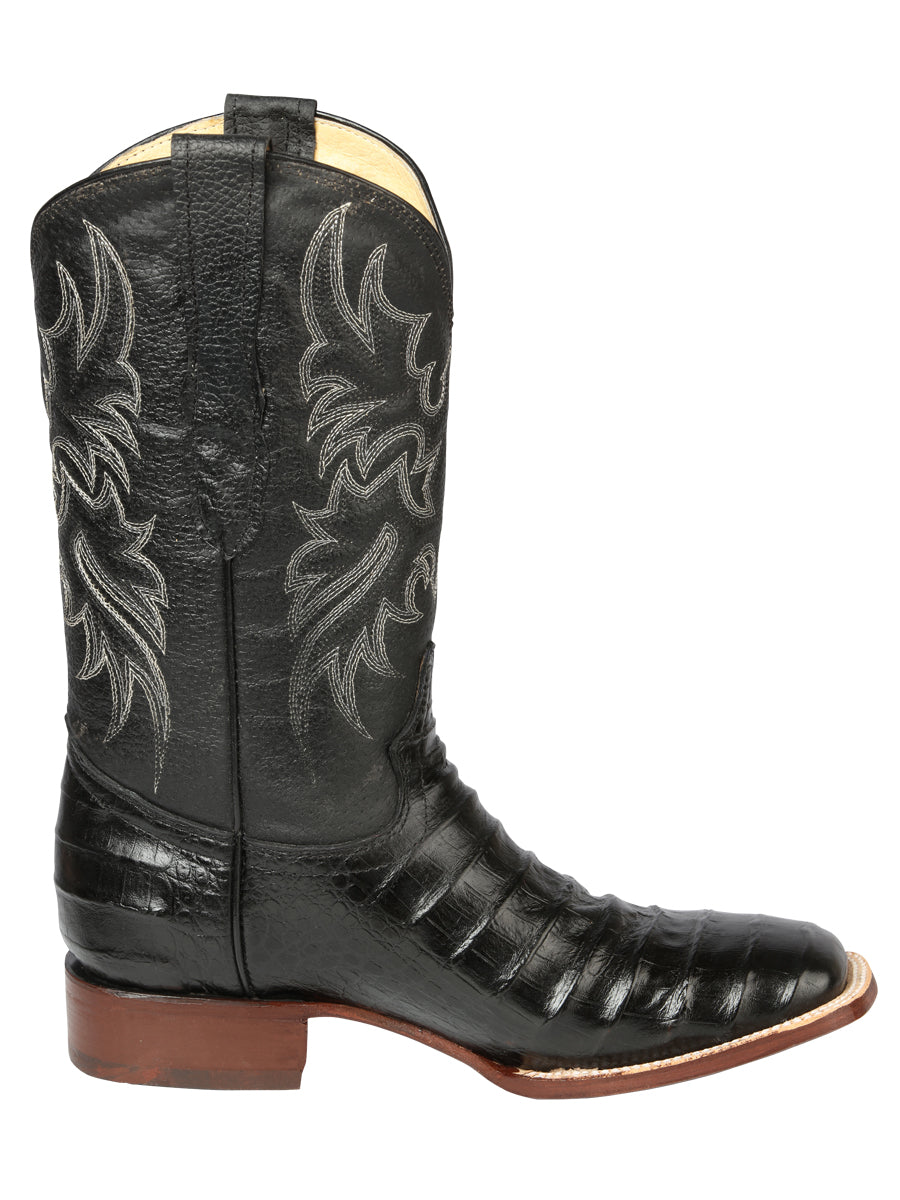 El General Men's Square Toe Leather Cowboy Boots - Caiman Belly Print - Black 44938