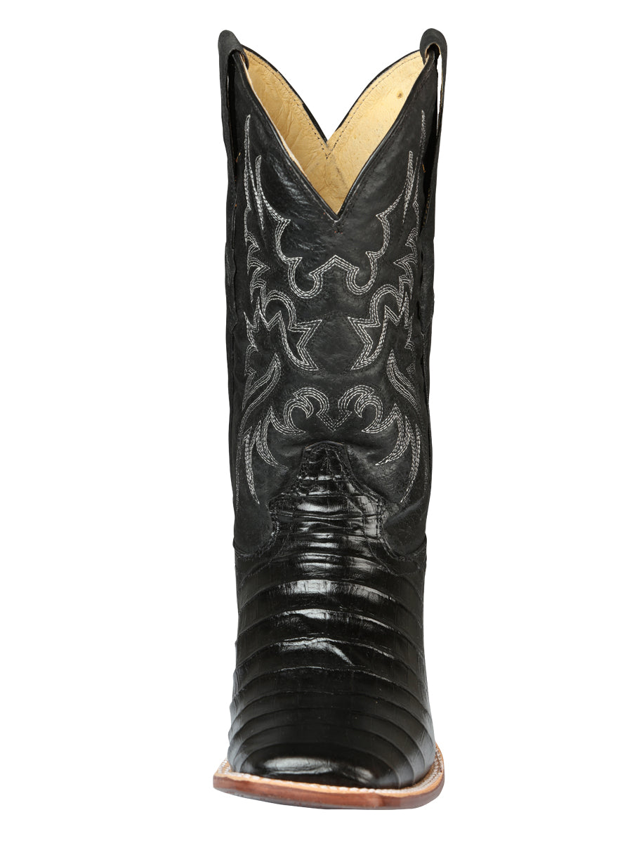 El General Men's Square Toe Leather Cowboy Boots - Caiman Belly Print - Black 44938