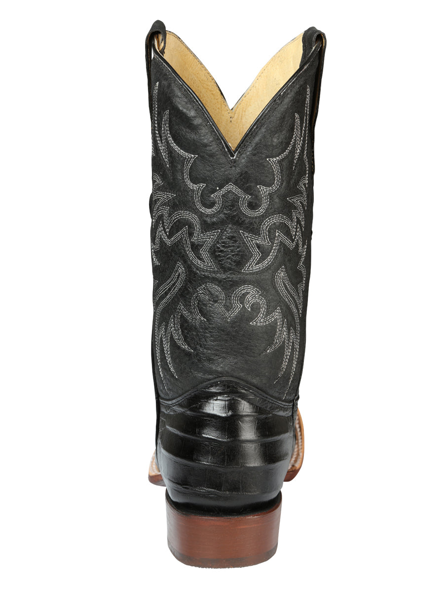 El General Men's Square Toe Leather Cowboy Boots - Caiman Belly Print - Black 44938