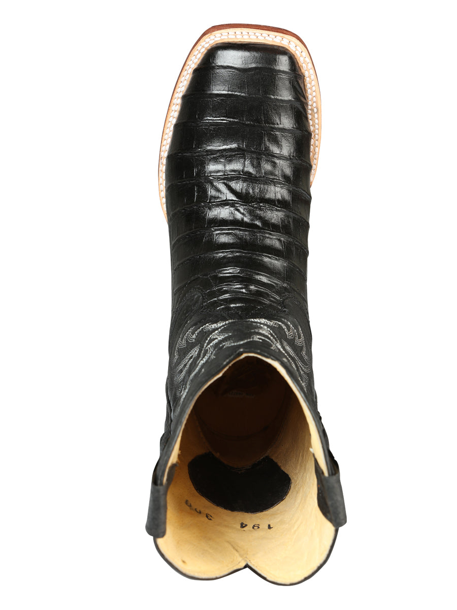 El General Men's Square Toe Leather Cowboy Boots - Caiman Belly Print - Black 44938