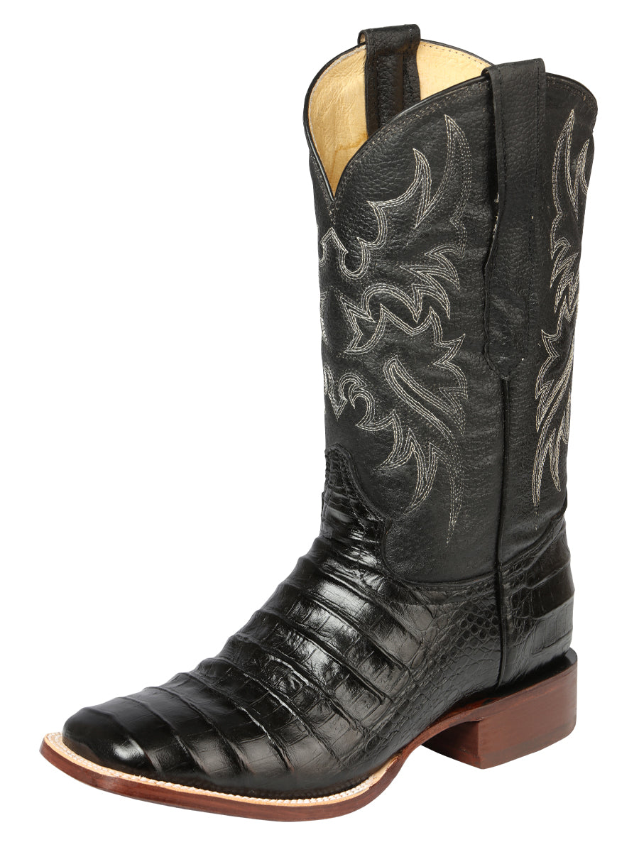 El General Men's Square Toe Leather Cowboy Boots - Caiman Belly Print - Black 44938