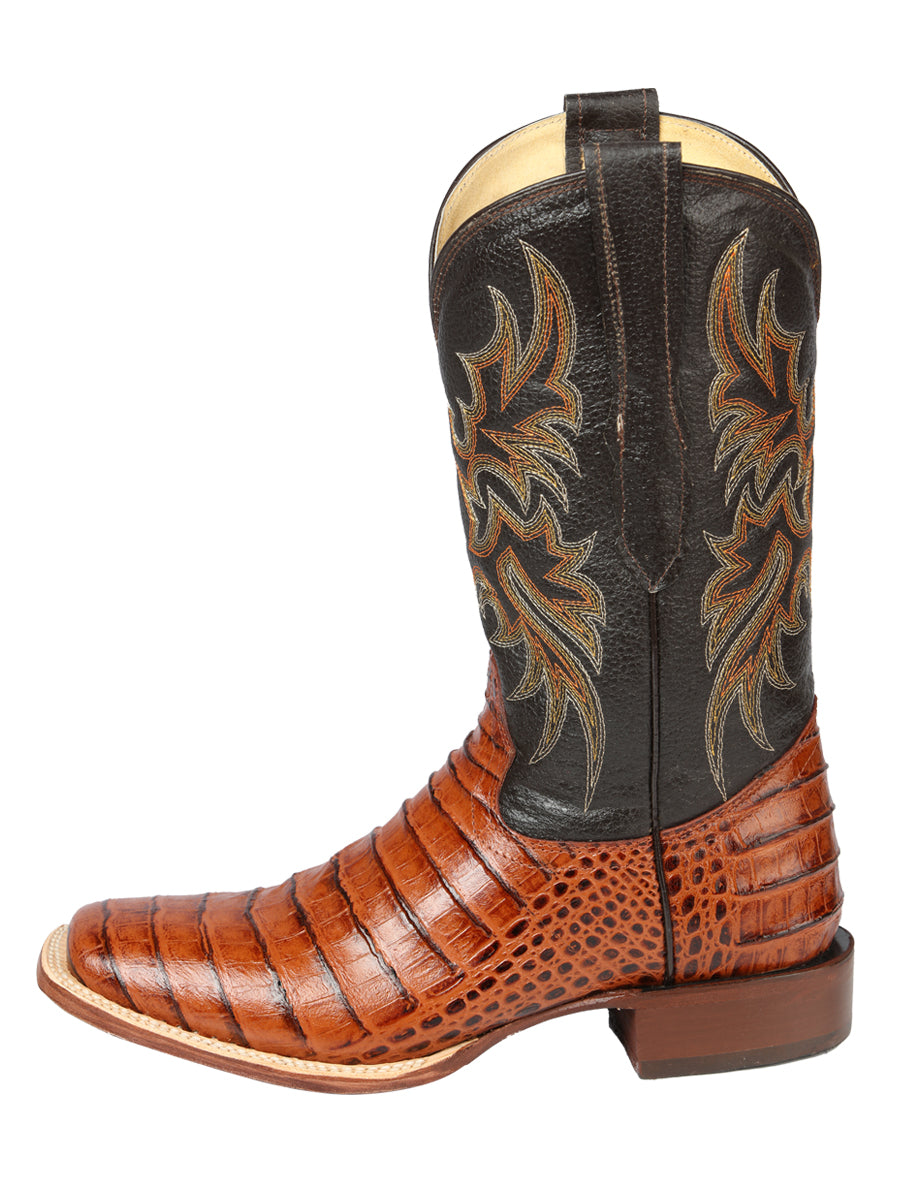 El General Men's Square Toe Leather Cowboy Boots - Caimen Belly Print - Cogñac 44939