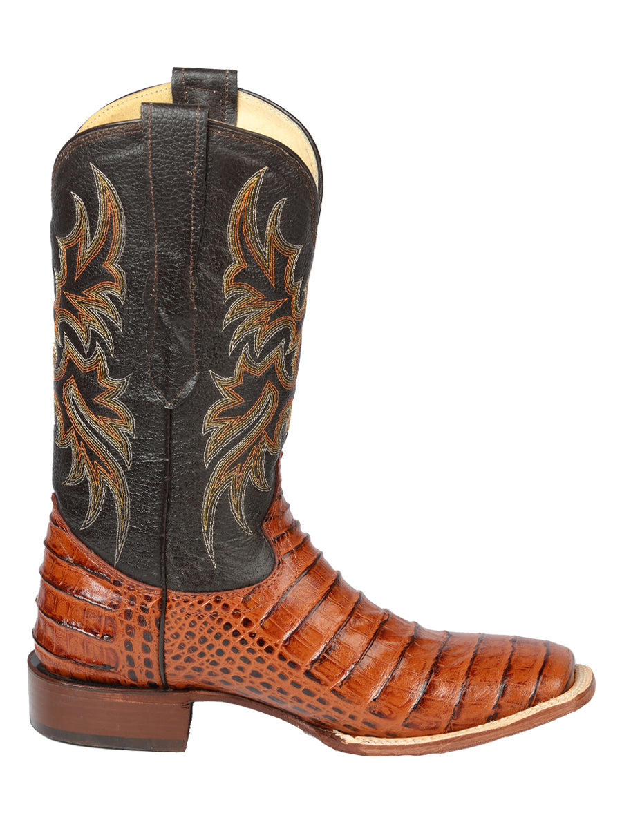 El General Men's Square Toe Leather Cowboy Boots - Caimen Belly Print - Cogñac 44939