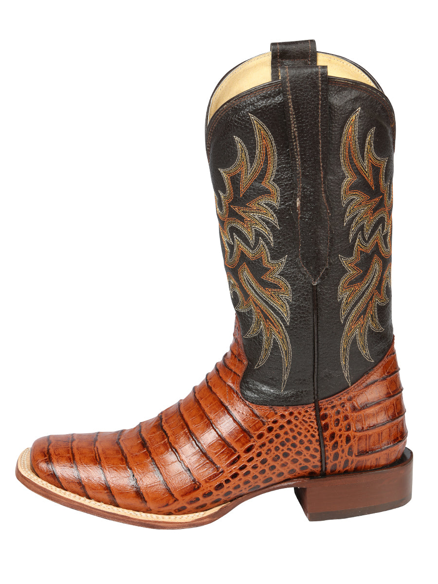 El General Men's Square Toe Leather Cowboy Boots - Caimen Belly Print - Cogñac 44939