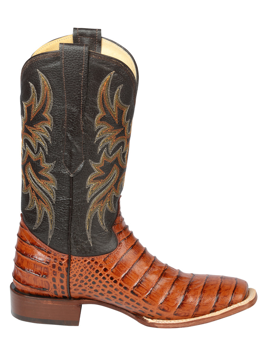 El General Men's Square Toe Leather Cowboy Boots - Caimen Belly Print - Cogñac 44939