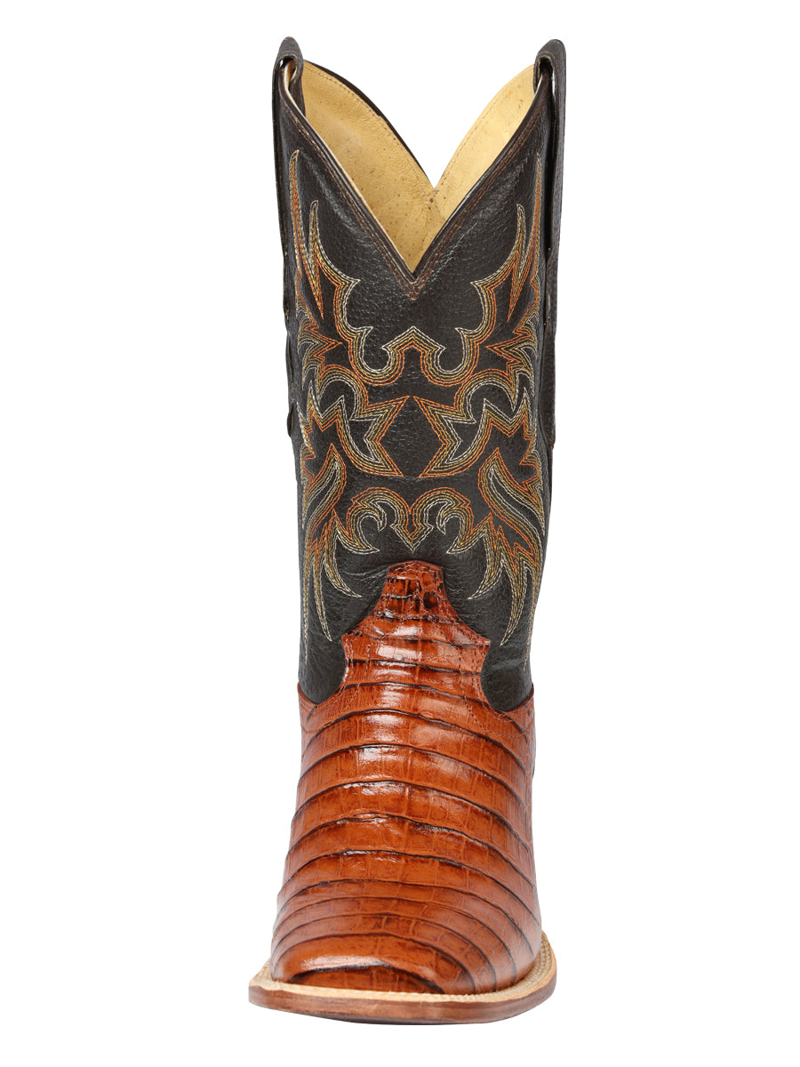 El General Men's Square Toe Leather Cowboy Boots - Caimen Belly Print - Cogñac 44939