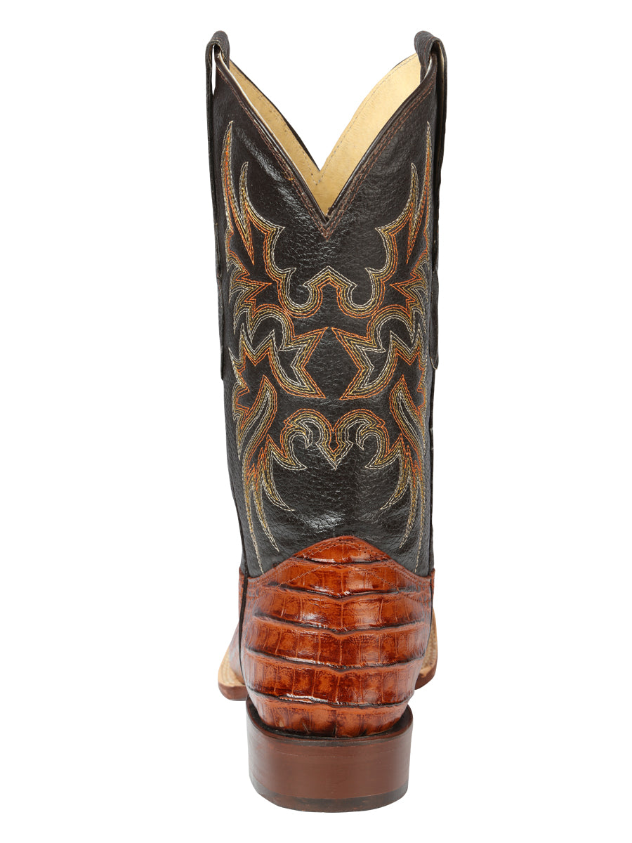 El General Men's Square Toe Leather Cowboy Boots - Caimen Belly Print - Cogñac 44939