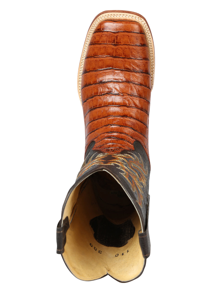 El General Men's Square Toe Leather Cowboy Boots - Caimen Belly Print - Cogñac 44939
