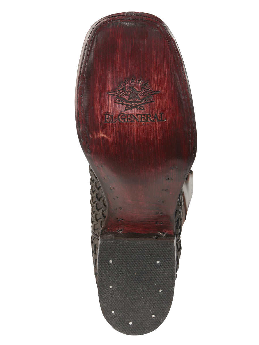 El General Men's Leather Square Toe Cowboy Boots - Petatillo/Woven Pattern - Chocolate 45013