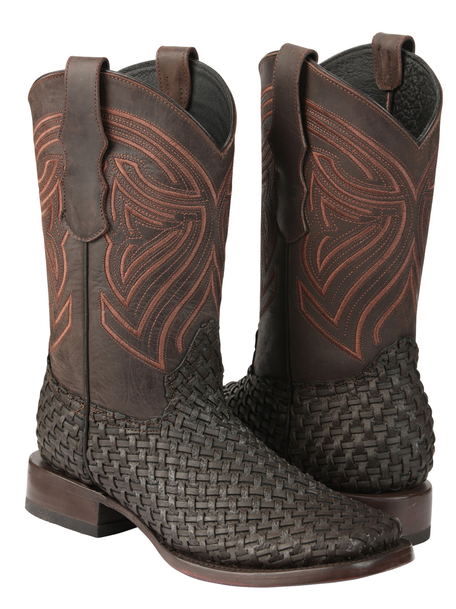 El General Men's Leather Square Toe Cowboy Boots - Petatillo/Woven Pattern - Chocolate 45013