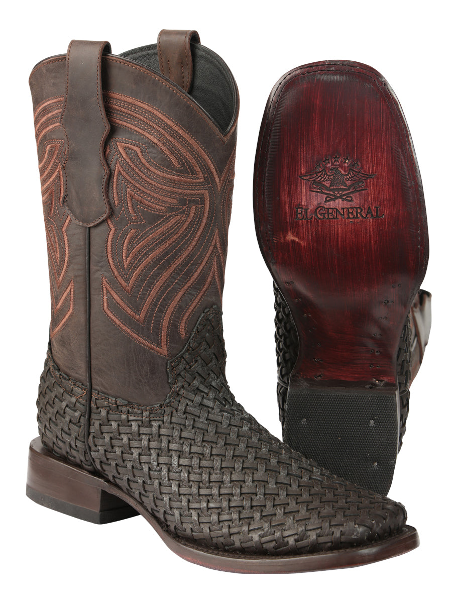 El General Men's Leather Square Toe Cowboy Boots - Petatillo/Woven Pattern - Chocolate 45013