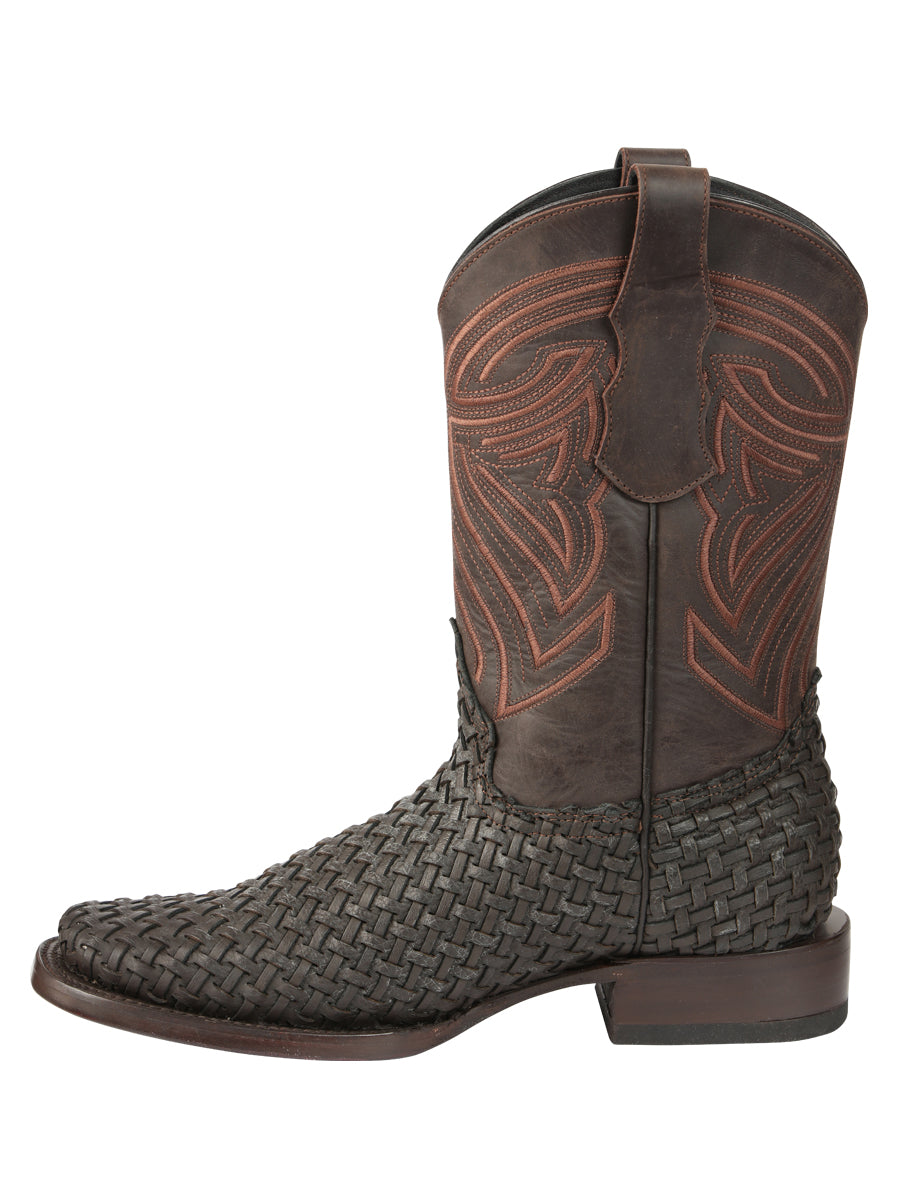 El General Men's Leather Square Toe Cowboy Boots - Petatillo/Woven Pattern - Chocolate 45013