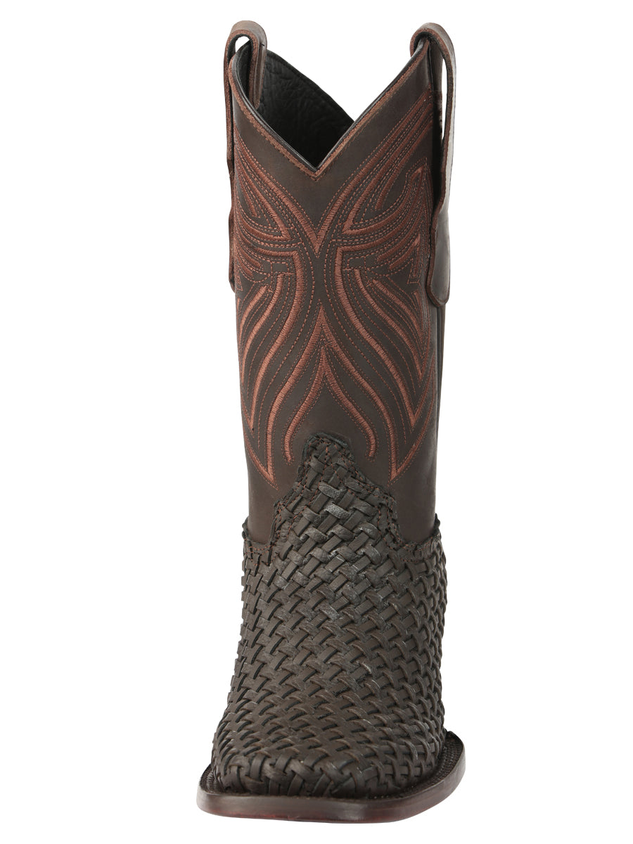 El General Men's Leather Square Toe Cowboy Boots - Petatillo/Woven Pattern - Chocolate 45013