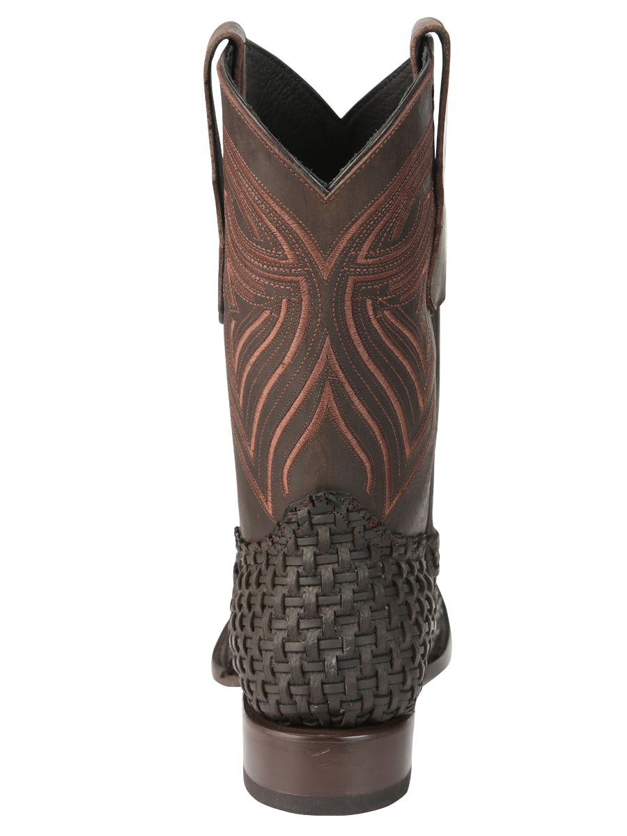 El General Men's Leather Square Toe Cowboy Boots - Petatillo/Woven Pattern - Chocolate 45013