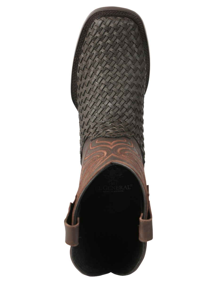 El General Men's Leather Square Toe Cowboy Boots - Petatillo/Woven Pattern - Chocolate 45013