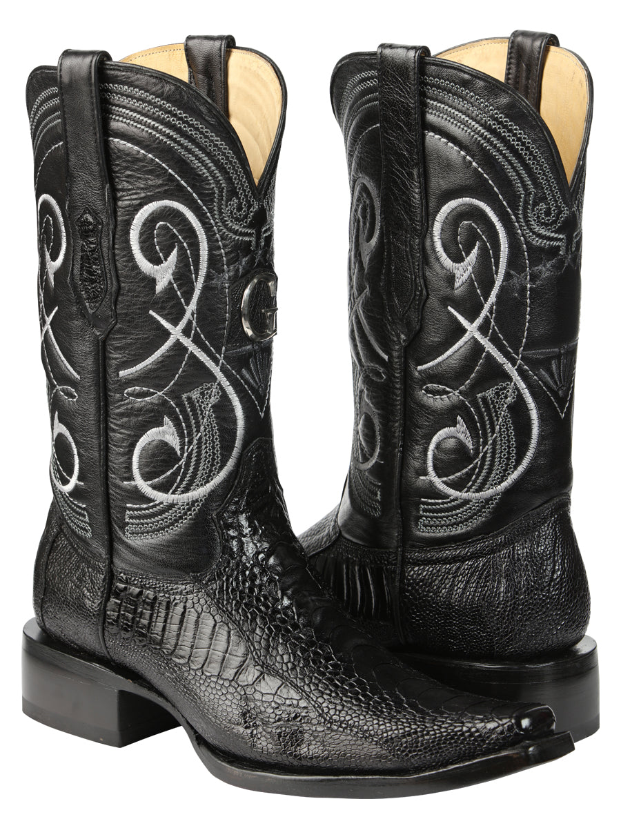 El General Men's Exotic Real Genuine Ostrich Leg Cowboy Boots - Versace Toe - Black 45067