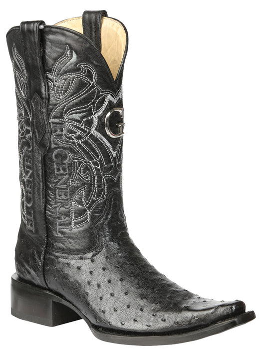 El General Men's Exotic Full Quill Ostrich Cowboy Boot - Versace Toe - Black 45075