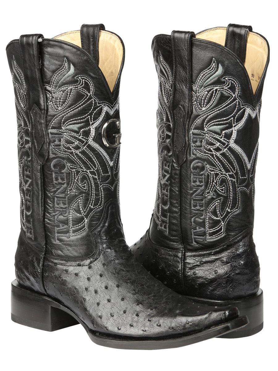 El General Men's Exotic Full Quill Ostrich Cowboy Boot - Versace Toe - Black 45075