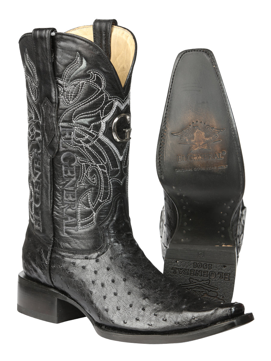 El General Men's Exotic Full Quill Ostrich Cowboy Boot - Versace Toe - Black 45075