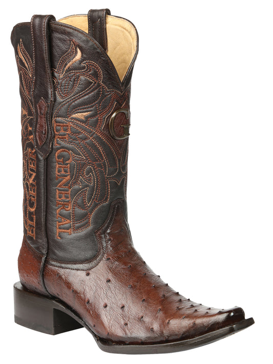 El General Men's Exotic Full Quill Ostrich Cowboy Boot -Versace Toe - Brown 45076