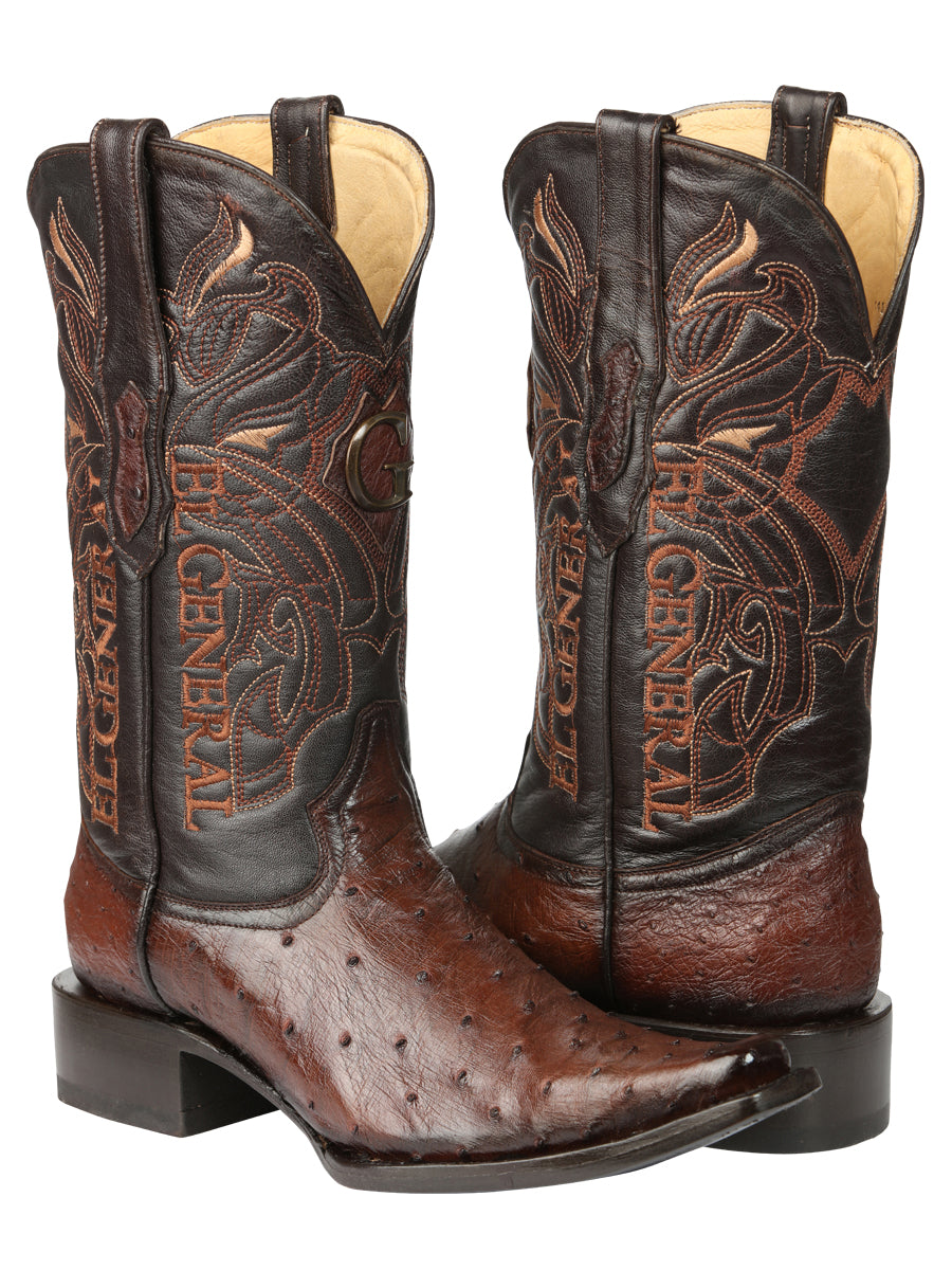 El General Men's Exotic Full Quill Ostrich Cowboy Boot -Versace Toe - Brown 45076