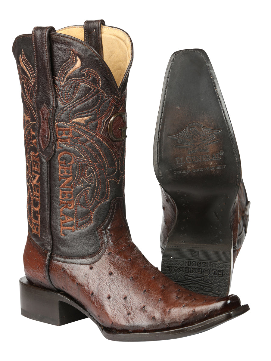 El General Men's Exotic Full Quill Ostrich Cowboy Boot -Versace Toe - Brown 45076