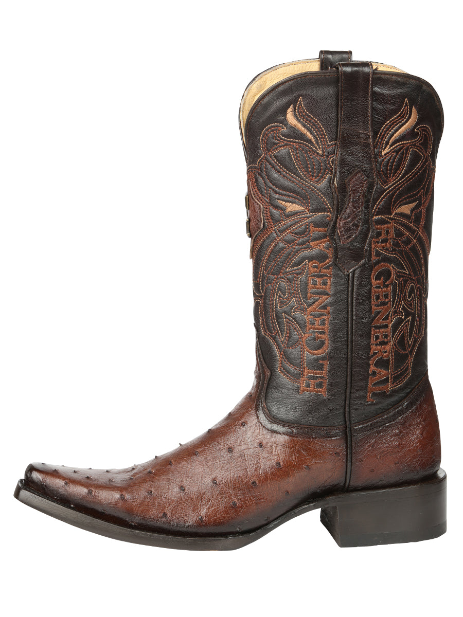 El General Men's Exotic Full Quill Ostrich Cowboy Boot -Versace Toe - Brown 45076