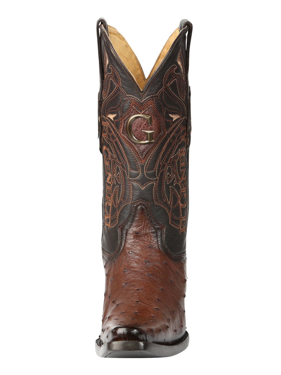 El General Men's Exotic Full Quill Ostrich Cowboy Boot -Versace Toe - Brown 45076