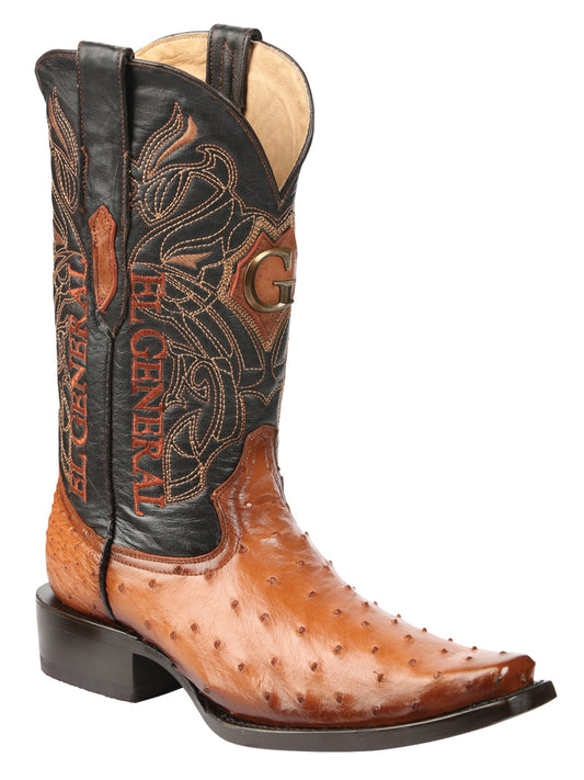 El General Men's Exotic Full Quill Ostrich Cowboy Boot -Versace Toe - Cognac 45077