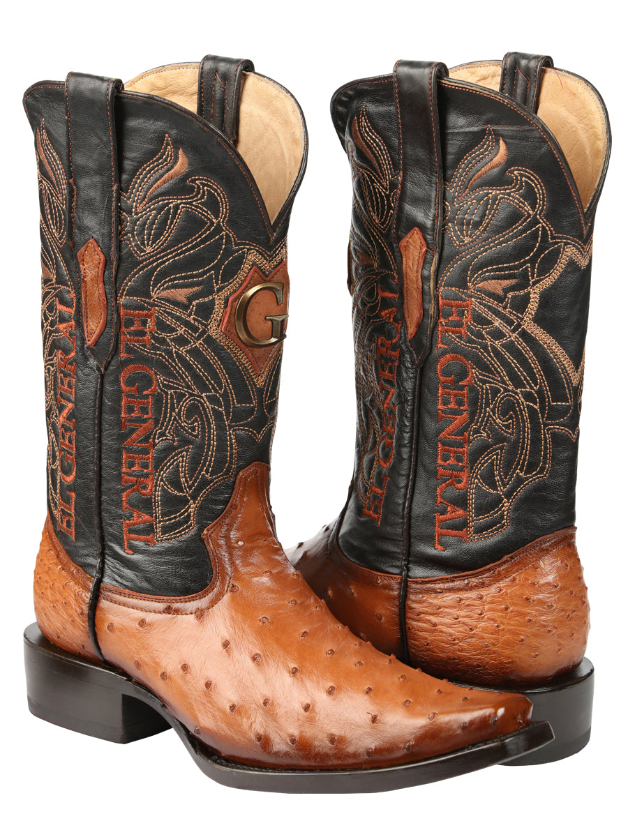 El General Men's Exotic Full Quill Ostrich Cowboy Boot -Versace Toe - Cognac 45077