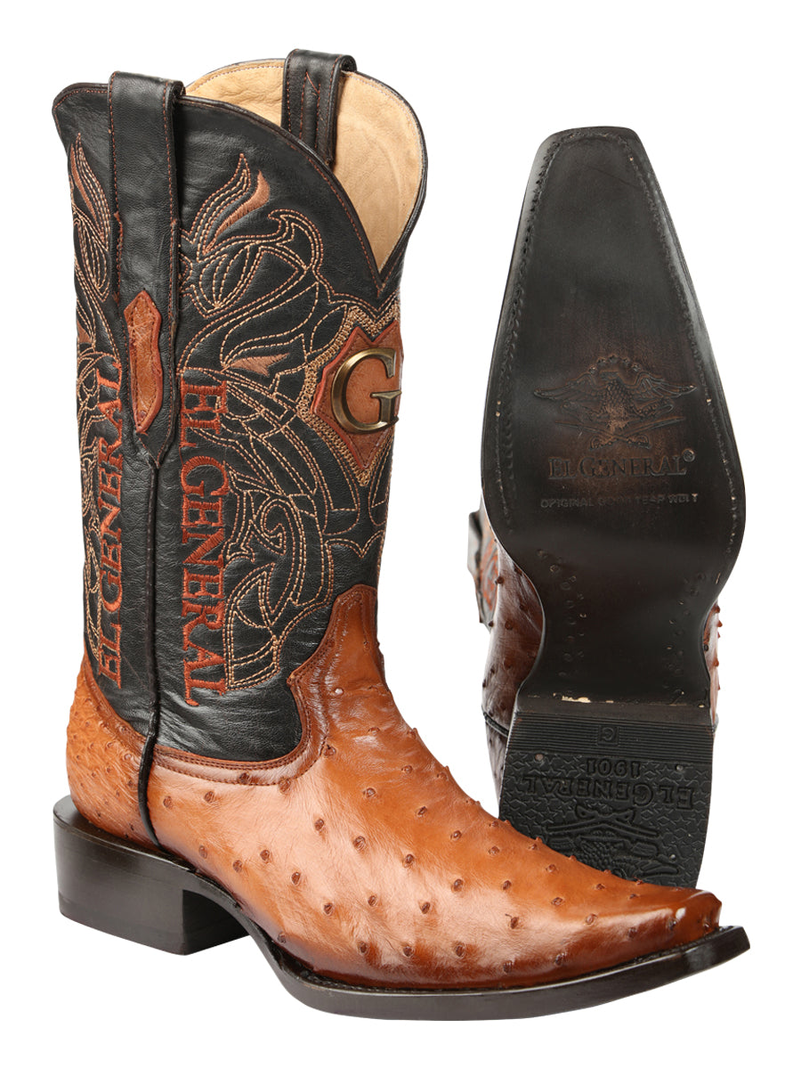 El General Men's Exotic Full Quill Ostrich Cowboy Boot -Versace Toe - Cognac 45077