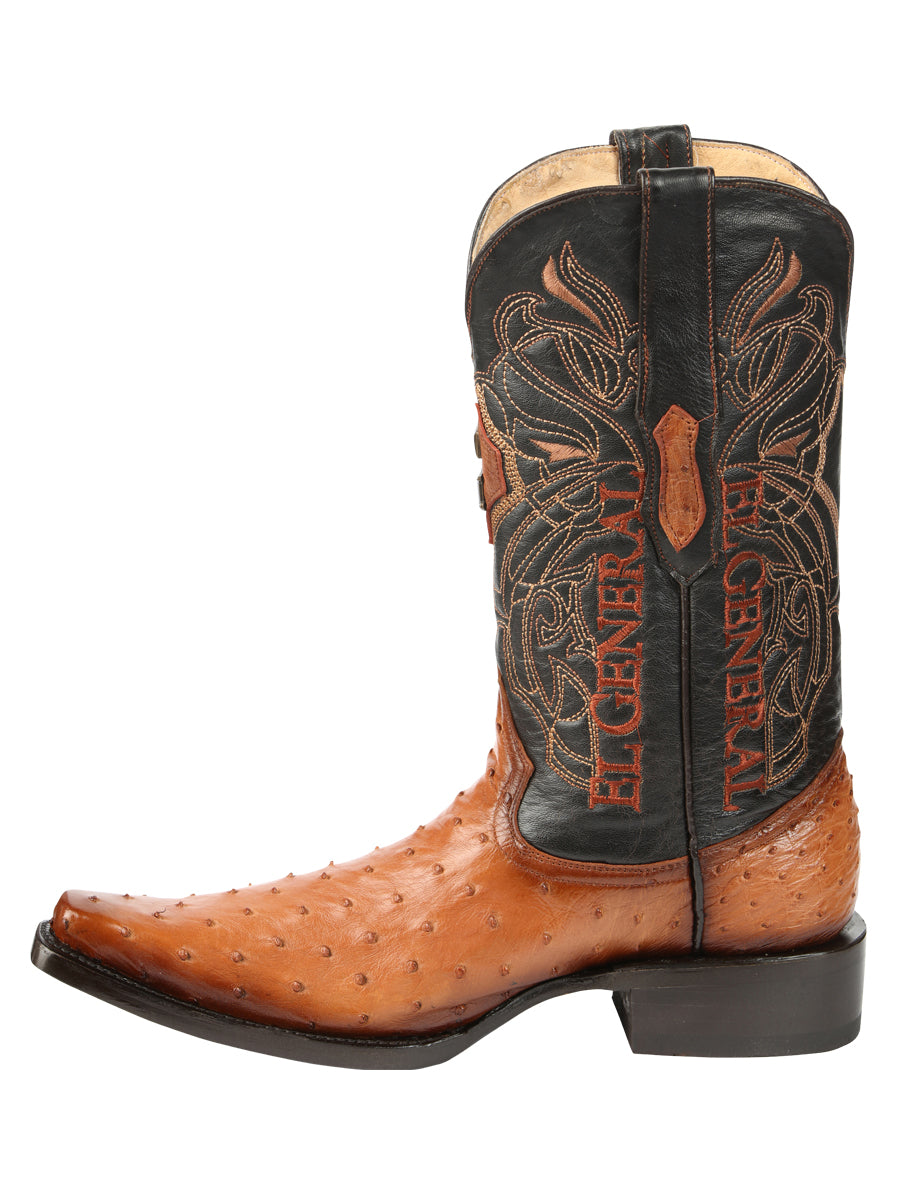 El General Men's Exotic Full Quill Ostrich Cowboy Boot -Versace Toe - Cognac 45077