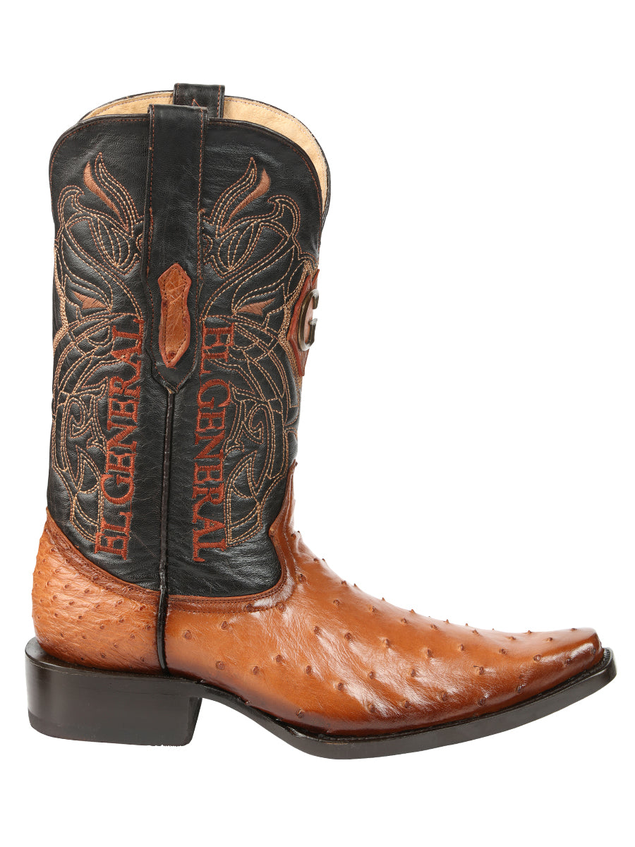 El General Men's Exotic Full Quill Ostrich Cowboy Boot -Versace Toe - Cognac 45077