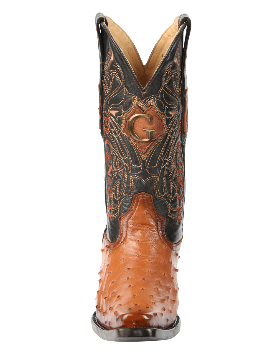 El General Men's Exotic Full Quill Ostrich Cowboy Boot -Versace Toe - Cognac 45077