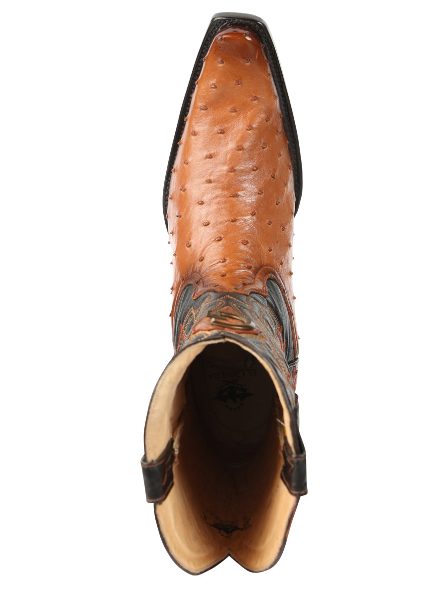 El General Men's Exotic Full Quill Ostrich Cowboy Boot -Versace Toe - Cognac 45077