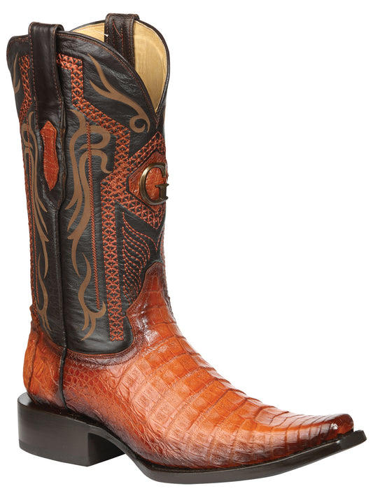 El General Men's Exotic Caiman Belly Cowboy Boot - Versace Toe - Cognac 45080