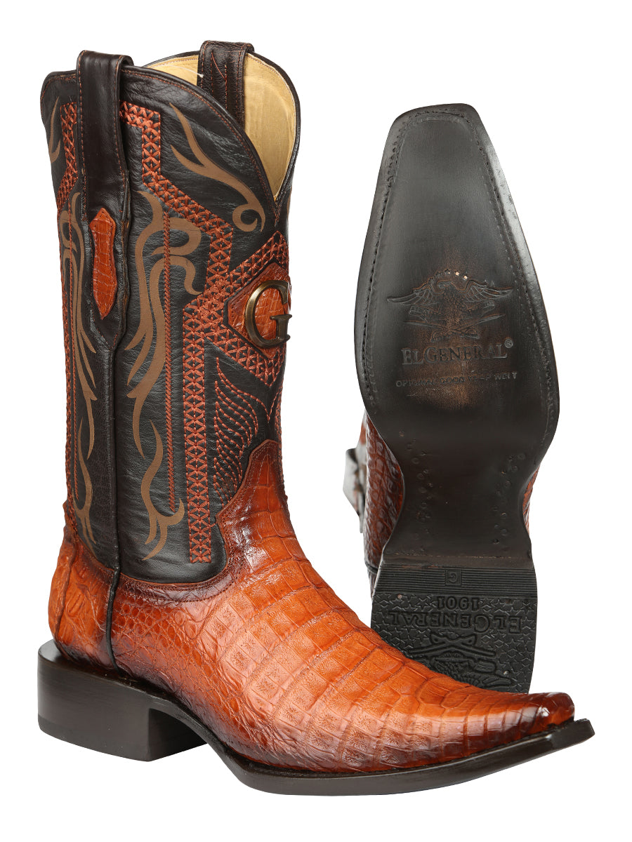El General Men's Exotic Caiman Belly Cowboy Boot - Versace Toe - Cognac 45080