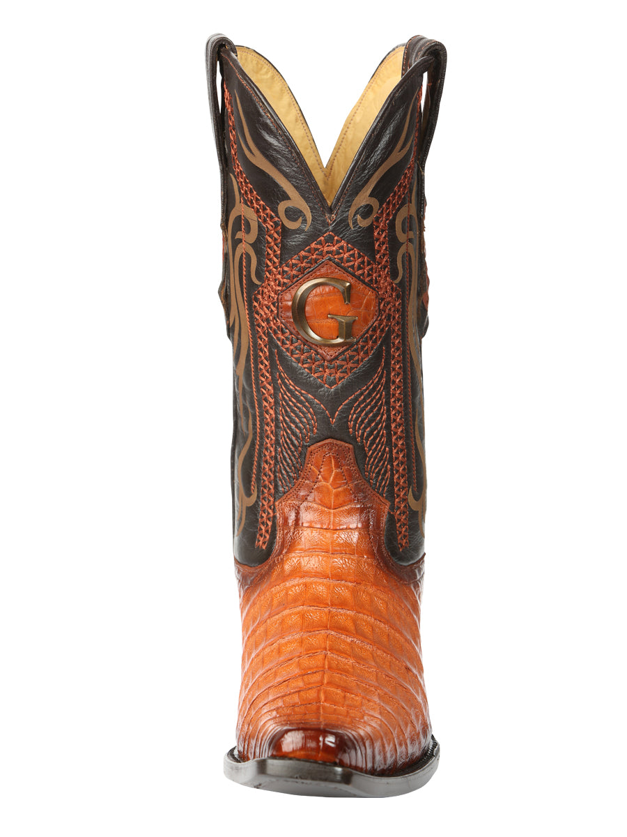 El General Men's Exotic Caiman Belly Cowboy Boot - Versace Toe - Cognac 45080
