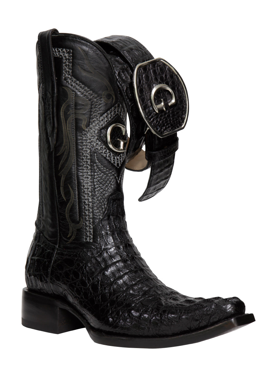 El General Men's Exotic Caiman Hornback Cowboy Boots - Versace Toe - Black 45081